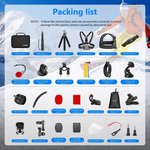 Packing list of 50 In 1 Action Camera Accessory Kit Compatible With GoPro Hero 12 11 10 9 DJI Osmo Action Insta360 X3 X2 GO 3 SJCAM