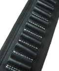 Close-up of Rugged Leather Canvas Buttstock With Shell Holder Sling For 12 Gauge Shotgun And Rifle Calibers Including .22LR, black.