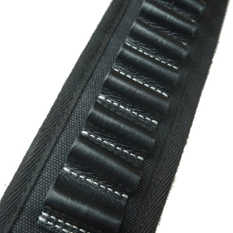 Close-up of Rugged Leather Canvas Buttstock With Shell Holder Sling For 12 Gauge Shotgun And Rifle Calibers Including .22LR, black.