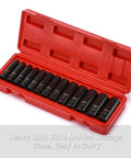 Three Eighths Inch Drive Deep Impact Socket Set With 6 Point Metric 7mm To 19mm in red blow mold case open view