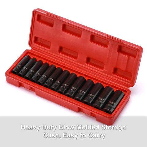 Three Eighths Inch Drive Deep Impact Socket Set With 6 Point Metric 7mm To 19mm in red blow mold case open view