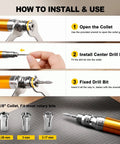 Rugged Micro Pneumatic Air Pencil Die Grinder Featuring Smooth Thumb Throttle 1/8 Inch Collet showing installation steps for rotary bits.
