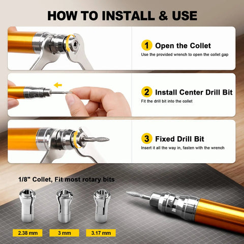 Rugged Micro Pneumatic Air Pencil Die Grinder Featuring Smooth Thumb Throttle 1/8 Inch Collet showing installation steps for rotary bits.
