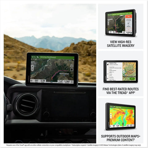 Tread 2 Overland Edition 8-Inch Rugged All-Terrain GPS Navigator with trail routing and satellite imagery shown in vehicle mount