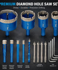 Diamond Tile Hole Saw Kit 13 Piece Set with eight diamond hole saws from 6mm to 50mm, 4 replacement bits, 6mm cross bit for masonry.