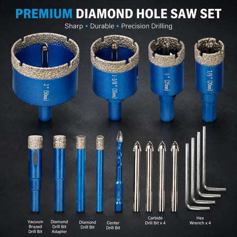 Diamond Tile Hole Saw Kit 13 Piece Set with eight diamond hole saws from 6mm to 50mm, 4 replacement bits, 6mm cross bit for masonry.