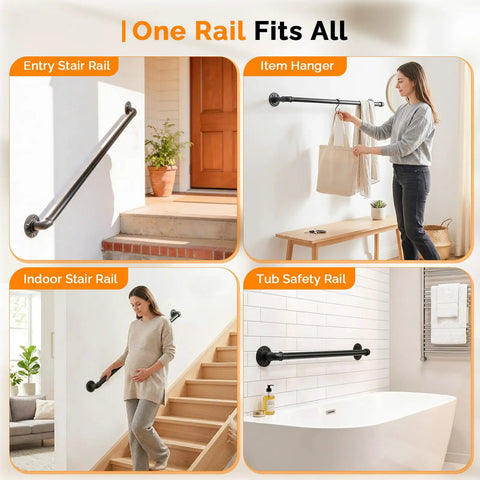 Rock Solid 3 Foot Adjustable Pipe Handrail For Indoor Outdoor Stairs Heavy Duty Wall Mounted Metal Safety Grab Bar Supporting 440 Lbs with various installations.