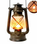 Vintage LED Outdoor Lantern With Dancing Flame Wick, battery powered hanging lantern, bronze color with glowing flame detail