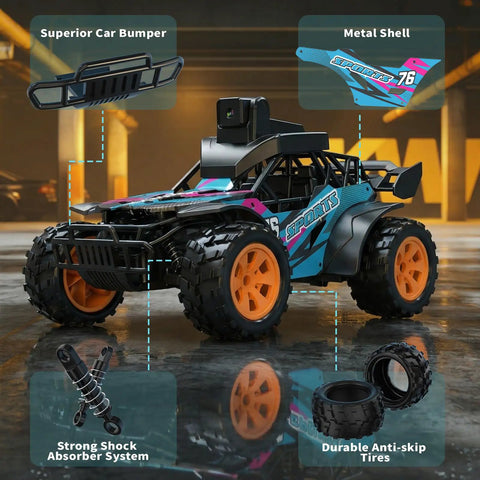 Off Road Car With Camera, 2.4GHz Remote Truck With 2.8-Inch LCD Screen, showcasing durable tires, shock absorbers, bumper, and metal shell.
