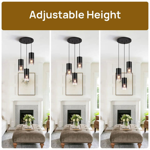 Black Industrial Kitchen Island Pendant Light With Black Glass Shade 3 E26 Bulbs in living room with adjustable height