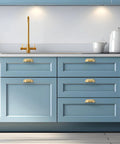 Brushed Matte Gold Brass Cabinet Drawer Pulls Pack Of Two And A Half Inch Center To Center Solid Knobs on blue kitchen cabinets