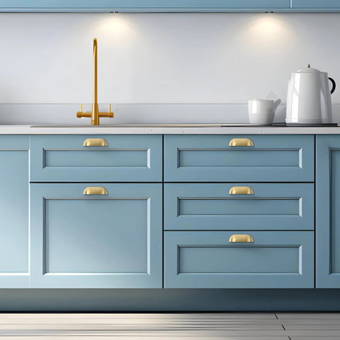 Brushed Matte Gold Brass Cabinet Drawer Pulls Pack Of Two And A Half Inch Center To Center Solid Knobs on blue kitchen cabinets