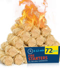 72 Pack Extra Long Fire Starters For Grill Fireplace Camping And Survival Kit With 12 Minute Burn Natural Pine Wood And Food Grade Wax Waterproof Odorless Safe For BBQ Pizza Oven Chimney Indoor And Outdoor Use displayed with flames.