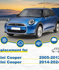 Blue Mini Cooper with icons for weather compatibility; text highlights replacement parts for Mini Cooper 2005-2024.