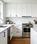 Modern kitchen with 10 Pack 3 Inch Hole Center Solid Black Cabinet Handles Matte Black Square Bar Drawer Pulls on white cabinets.