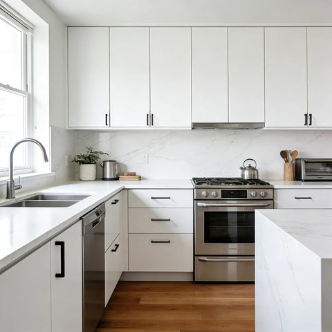 Modern kitchen with 10 Pack 3 Inch Hole Center Solid Black Cabinet Handles Matte Black Square Bar Drawer Pulls on white cabinets.