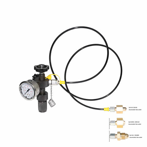 Hydraulic Accumulator Nitrogen Charging System With 7 Adapters And 4-Position Analog Gauge, Pressure Test Kit And Gas Charging Tools For Heavy Duty Maintenance, Global Valve Compatibility For China USA Euro UK Cylinders, 600 PSI To 6000 PSI