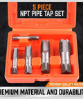 5-Piece NPT Pipe Tap Set with heavy-duty storage case, pro-grade carbon steel threading tools, 1/8 to 3/4 inch tapered taps