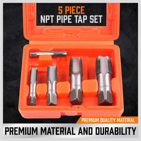 5-Piece NPT Pipe Tap Set with heavy-duty storage case, pro-grade carbon steel threading tools, 1/8 to 3/4 inch tapered taps