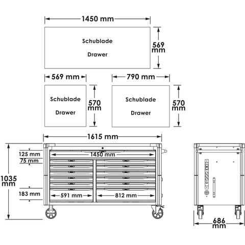 Extra Big Heavy Duty Beefy Rolling Tool Cabinet With Stainless Steel Workbench Top Includes 929 Piece Professional Socket Wrench Set dimensions illustration