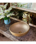 Top Shelf Hand Painted Countertop Sink With Vintage Gold Wash, Heavy Duty Ceramic Art Basin For Above Counter Mount, smooth installation.