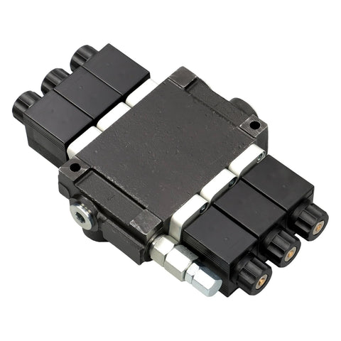Timunr hydraulic 3-spool solenoid valve, 12V DC, Amazon; 7/8-14 inlet/outlet and 3/4-16 working ports