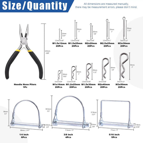 216 Piece PTO Pin And Cotter Pin Kit Glarks With R Clips And Needle Nose Pliers showing various pin sizes for vehicles and equipment.