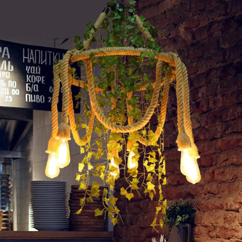 Hemp Rope Six Light Hanging Pendant Ceiling Light Fixture, dope industrial vintage rustic chandelier in dining area decor