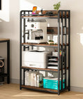 4 Tier Heavy Duty Kitchen Baker's Rack With Power Outlet And Industrial Wheels Freestanding Microwave Cart For Kitchen Storage Living Room Or Garage Rustic Brown with a coffee maker and printer on shelves.