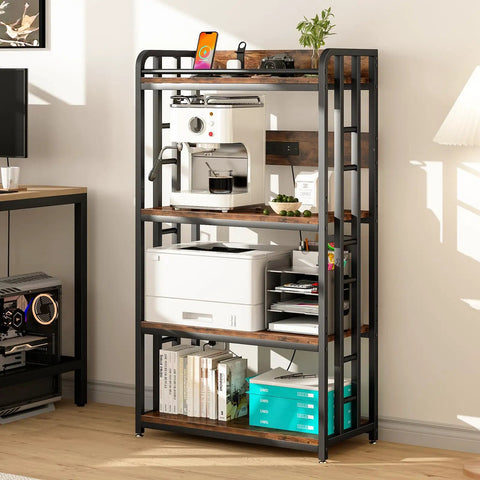 4 Tier Heavy Duty Kitchen Baker's Rack With Power Outlet And Industrial Wheels Freestanding Microwave Cart For Kitchen Storage Living Room Or Garage Rustic Brown with a coffee maker and printer on shelves.