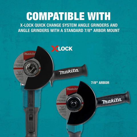Makita E-00446 X-Lock 4-1/2 in thin cut-off wheel, 60 grit, 7/8 in arbor; for metal and stainless steel; two grinders shown