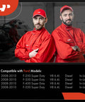 Two mechanics in red uniforms compatible with Ford F-250 F-350 F-450 F-550 Super Duty V8 6.4L Diesel 2008-2010.