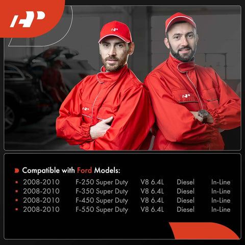 Two mechanics in red uniforms compatible with Ford F-250 F-350 F-450 F-550 Super Duty V8 6.4L Diesel 2008-2010.