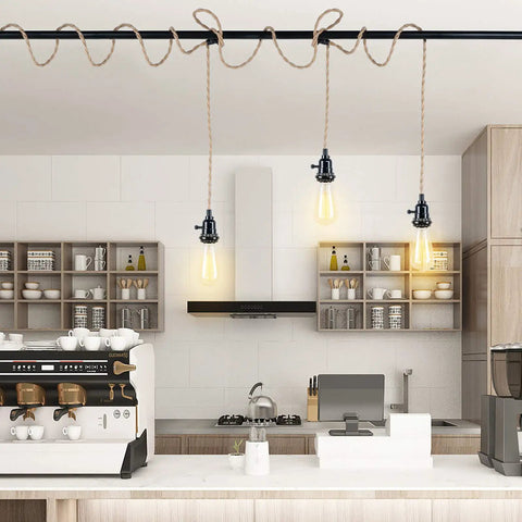 Triple Pendant Light Cord Kit With Independent Switch Hemp Rope Vintage Hanging Fixture for E26 Bulbs in modern kitchen