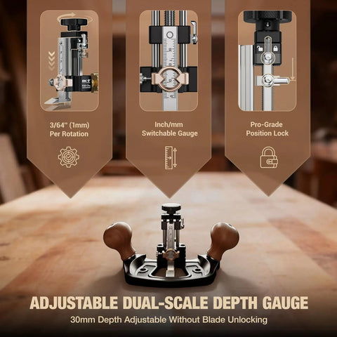Pro Level Router Plane Kit Featuring Swappable Straight And Forty Five Degree Blades, depth gauge with adjustable 30mm feature.