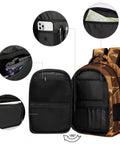 Open view of Long Horn Bull Vintage Print Backpack For Adults showing compartments, mesh pockets, and space for pens.