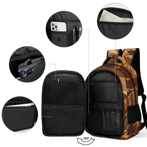 Open view of Long Horn Bull Vintage Print Backpack For Adults showing compartments, mesh pockets, and space for pens.