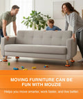 Family using Heavy Duty Furniture Lifter And Moving Kit Lift And Glide Couches Beds And Appliances No Back Strain Move Easy Four Roller Sliders Each 660 Lbs Adjustable Height Lifter Carpet Adapters For All Floor Types to move a grey sofa on a wooden floor.