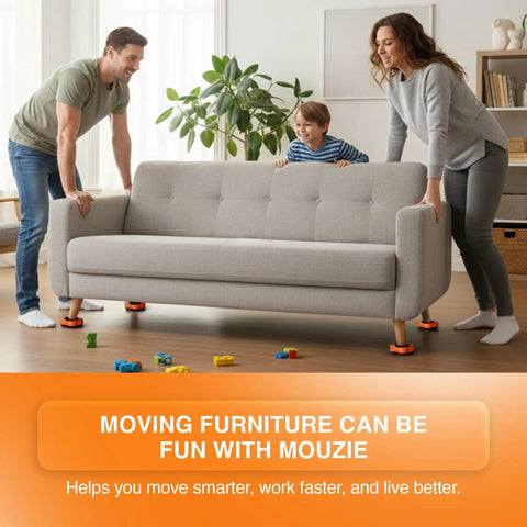 Family using Heavy Duty Furniture Lifter And Moving Kit Lift And Glide Couches Beds And Appliances No Back Strain Move Easy Four Roller Sliders Each 660 Lbs Adjustable Height Lifter Carpet Adapters For All Floor Types to move a grey sofa on a wooden floor.