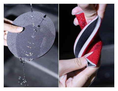 Get Your 5 Inch Dry Wet Sponge Sandpaper Set With 16 Pcs Assorted Grits From 180 To 4000 For Smooth Furniture Auto And DIY Projects, showing a damp sponge sheet.