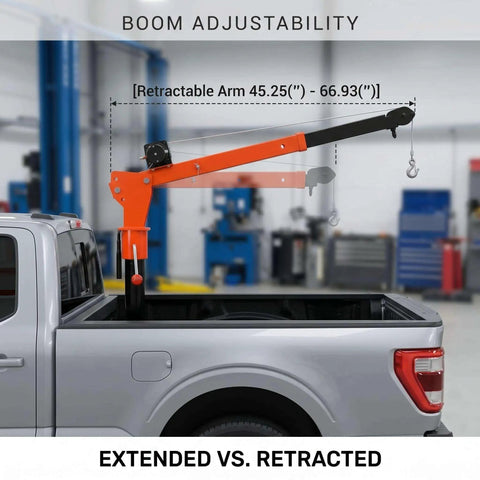 Beefy Truck Engine Hoist With Electric Winch And 2000 Lb Load Capacity shown mounted on truck bed with adjustable arm.