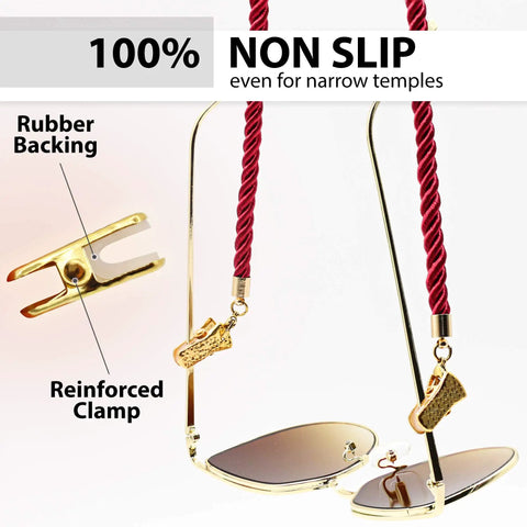 Close-up of Glasses Strap Set, 3 Pack Gold Terylene Eyewear Lanyard with reinforced clamp and red strap on sunglasses.
