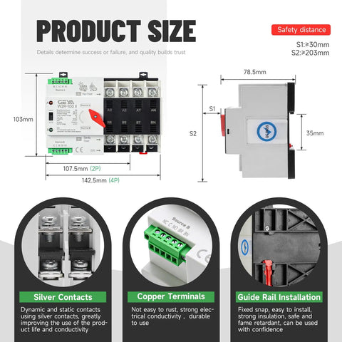 2P 100A Automatic And Manual Transfer Switch For Dual Power Systems Millisecond Level Uninterruptible ATS DIN Rail Mount AC 230V 50 60Hz High Reliability Power Switching For Critical Loads with installation and component details