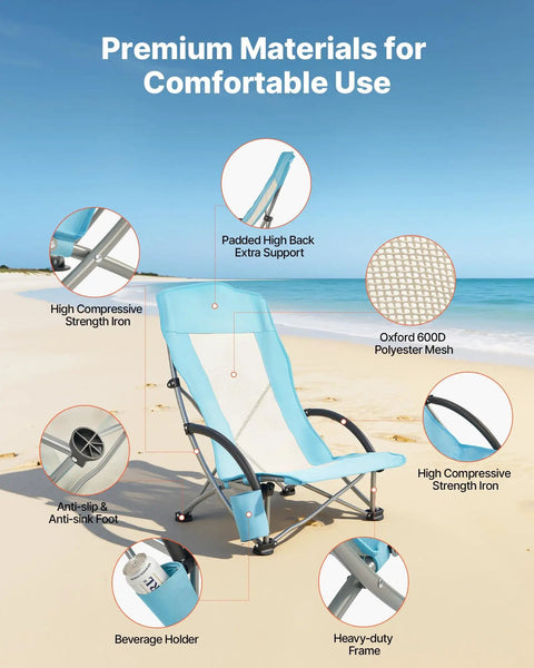 Two Pack High Back Folding Beach Chairs For Adults, Heavy Duty Camping Chairs With Cup Pocket, Mesh Back, Extra Wide on sandy beach.