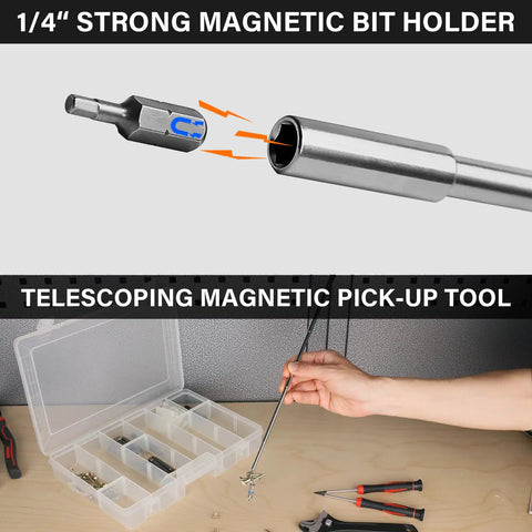 28 Piece Magnetic Ratcheting Screwdriver Set With CRV Bits Nut Drivers And Telescoping Magnetic Pickup Tool shown with magnetic bit holder and hand using pickup tool.