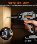 Cordless Impact Driver Kit Delivers Beastly 2655 Inch Pounds Torque For All Your Fastening Needs Quarter Inch All Metal Hex Chuck Variable Speed Comes With 2 Amp Battery One Hour Charger 26 Impact Bits And Handy Tool Bag in use on wood with built-in LED lights