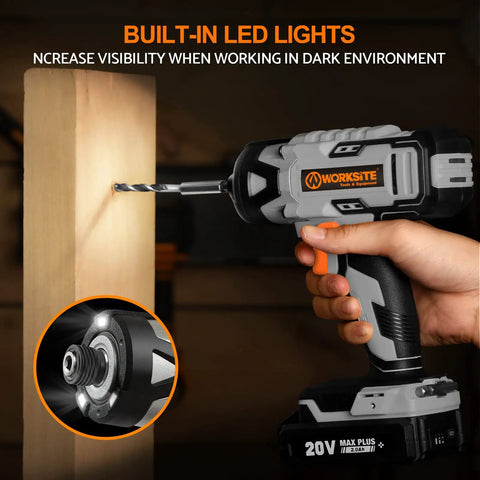 Cordless Impact Driver Kit Delivers Beastly 2655 Inch Pounds Torque For All Your Fastening Needs Quarter Inch All Metal Hex Chuck Variable Speed Comes With 2 Amp Battery One Hour Charger 26 Impact Bits And Handy Tool Bag in use on wood with built-in LED lights