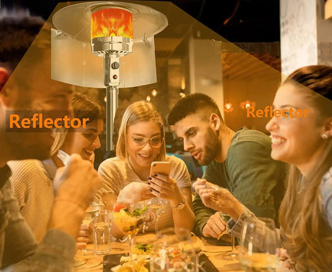 Patio Heater Reflector Shield For Outdoor Propane Heaters And Indoor Heat Lamps, group enjoying warmth in cozy setting