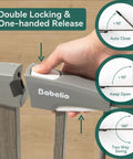 Close-up of hand using one-handed release on 29-40 Inch Metal Baby Gate With Grey Wood Pattern, showcasing auto-close and two-way swing.