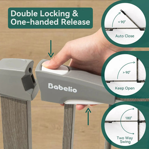 Close-up of hand using one-handed release on 29-40 Inch Metal Baby Gate With Grey Wood Pattern, showcasing auto-close and two-way swing.